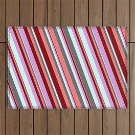 [ Thumbnail: Colorful Dim Gray, Light Coral, Maroon, Plum, and Light Cyan Colored Stripes/Lines Pattern Outdoor Rug ]
