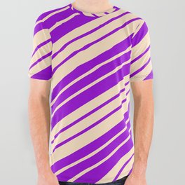 [ Thumbnail: Dark Violet and Bisque Colored Stripes/Lines Pattern All Over Graphic Tee ]