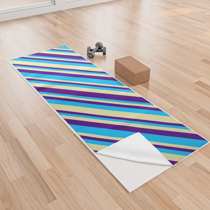 Pale Goldenrod, Indigo & Deep Sky Blue Colored Stripes/Lines Pattern Yoga Towel