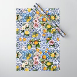Sicilian dolce vita lemon and flowers tiles pattern Wrapping Paper