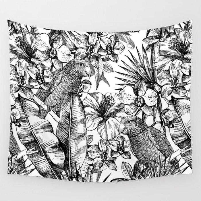 Black And White Tropical Jungle With Parrots Wall Tapestry