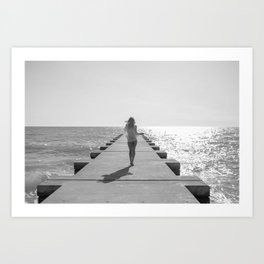 Islands in the sun (blonde running in bikini on a morning tropical ocean pier) black and white portrait photograph Art Print