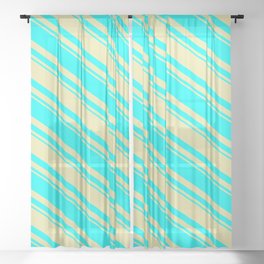 [ Thumbnail: Pale Goldenrod and Cyan Colored Striped/Lined Pattern Sheer Curtain ]