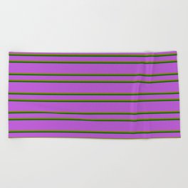[ Thumbnail: Orchid, Green & Dark Green Colored Pattern of Stripes Beach Towel ]
