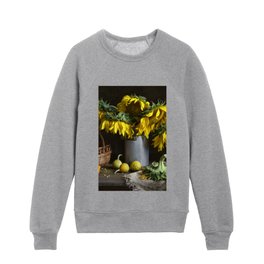 Provencal farm house bouquet of sunflowers in tin vase still life color portrait photograph / photography  Kids Crewneck