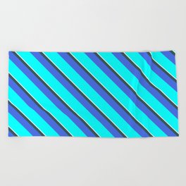 [ Thumbnail: Mint Cream, Dark Slate Gray, Royal Blue, and Aqua Colored Lines Pattern Beach Towel ]