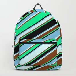 [ Thumbnail: Vibrant Green, Black, Sky Blue, Light Cyan & Brown Colored Lined/Striped Pattern Backpack ]
