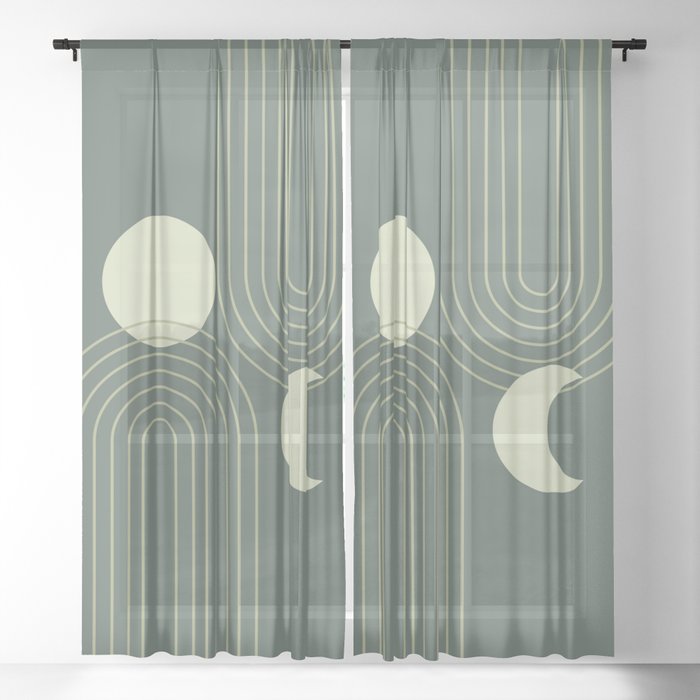 Mid Century Modern Geometric 126 in Forest Green Shades (Rainbow and Sun Abstraction) Sheer Curtain