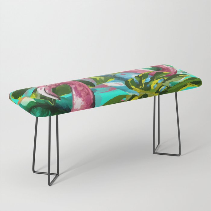 Floral colorful tropical flamingo pattern design in digital oleo effect  Bench