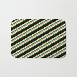 [ Thumbnail: Dark Salmon, Light Cyan, Forest Green & Black Colored Striped Pattern Bath Mat ]
