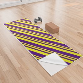 [ Thumbnail: Yellow and Indigo Colored Lines/Stripes Pattern Yoga Towel ]