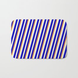 [ Thumbnail: Light Yellow, Blue & Chocolate Colored Lined/Striped Pattern Bath Mat ]