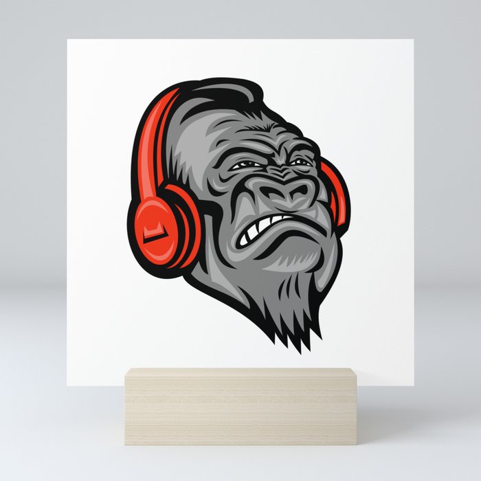 Gorilla Headphones Head Mascot Retro Mini Art Print
