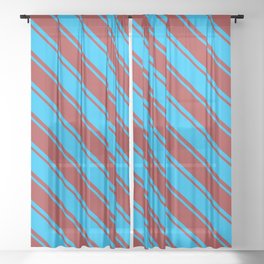 [ Thumbnail: Deep Sky Blue & Brown Colored Striped Pattern Sheer Curtain ]