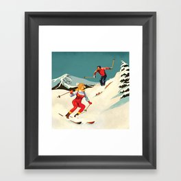 Retro Skiing Couple Framed Art Print