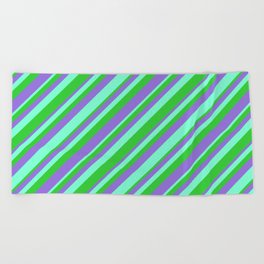 [ Thumbnail: Aquamarine, Lime Green, and Purple Colored Striped/Lined Pattern Beach Towel ]