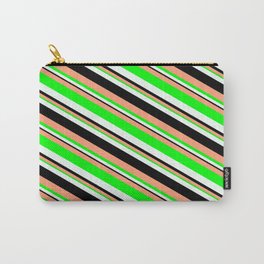 [ Thumbnail: Light Salmon, Lime, Mint Cream & Black Colored Striped/Lined Pattern Carry-All Pouch ]