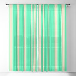[ Thumbnail: Green & Beige Colored Lined/Striped Pattern Sheer Curtain ]