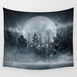 Dark forest. Gloomy dark scene with trees, big moon, moonlight. Smoke, shadow. Abstract dark, cold street background. Night view.  Wall Tapestry