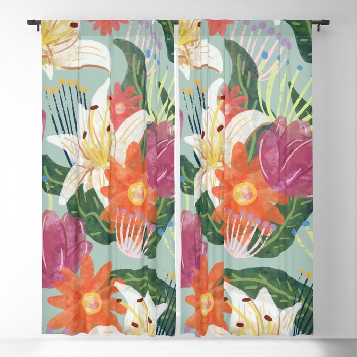 mint watercolor floral pattern Blackout Curtain