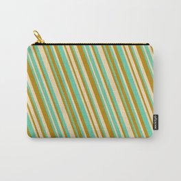 [ Thumbnail: Tan, Aquamarine & Dark Goldenrod Colored Striped/Lined Pattern Carry-All Pouch ]