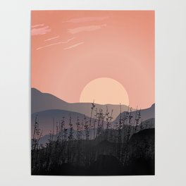 Scenic view of sunset in a desolate landscape, Mountains grass silhouette, Sunset sunrise mountain landscapes drawing Poster | Posters, Woodwallart, Art Prints, Drawing, Duvet Covers, Wall Tapestries, Throw Pillows, Canvas Print, Wall Mural, Wall Hangings 