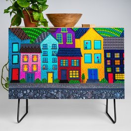 Dot Painting Colorful Village Houses, Hills, and Garden Credenza