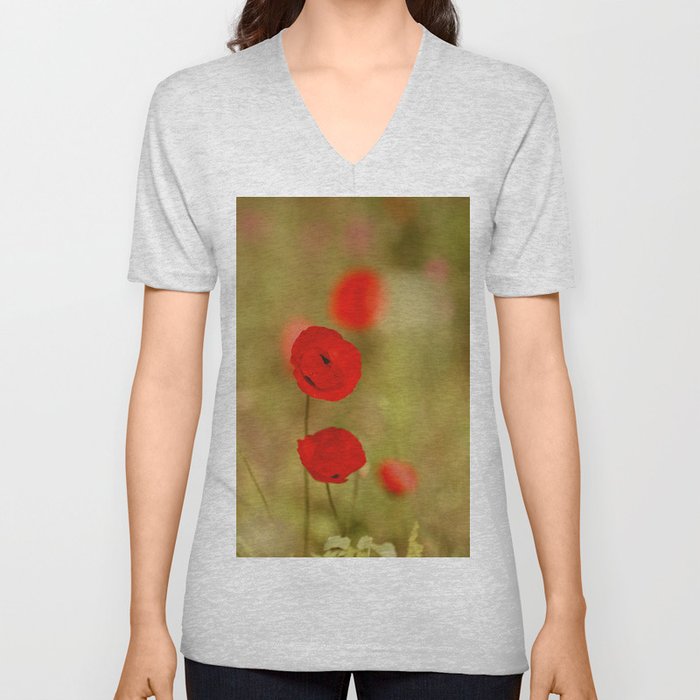 Red Poppy V Neck T Shirt
