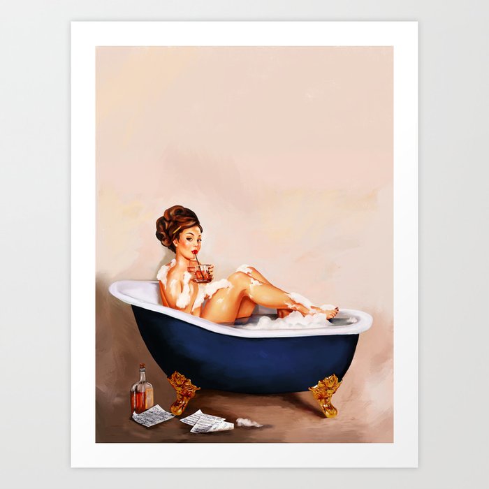 "Bathtub Whiskey" - Cute Vintage Brunette Pinup Girl Soaks & Enjoys A Cocktail. (V.2) Art Print