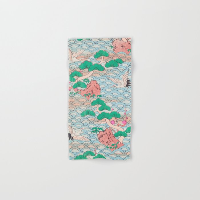 Japanese Cranes on Waves Vintage Pattern Hand & Bath Towel
