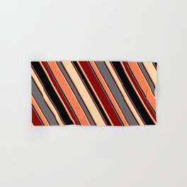 [ Thumbnail: Eye-catching Dim Grey, Dark Red, Tan, Coral, and Black Colored Striped Pattern Hand & Bath Towel ]