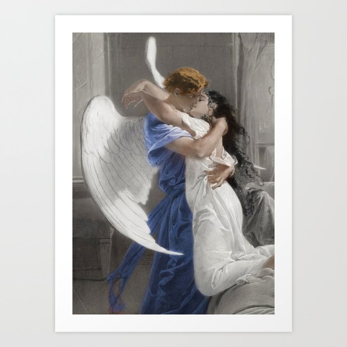 "Romantic Encounter, The Kiss" Angel and Dark Haired Beauty portrait painting by Mihaly von Zichy Art Print