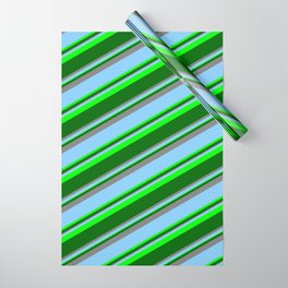 [ Thumbnail: Light Sky Blue, Lime, Dark Green & Grey Colored Striped Pattern Wrapping Paper ]