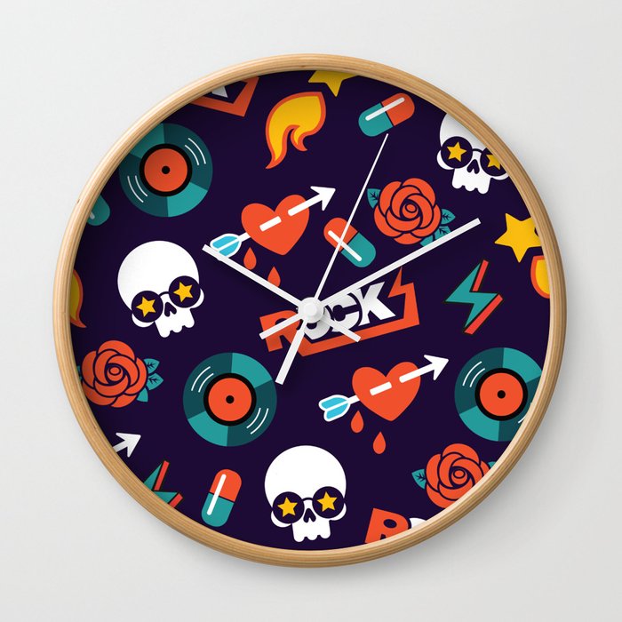 Vintage funky rock pattern with cute skull hand drawn illustration pattern Wall Clock
