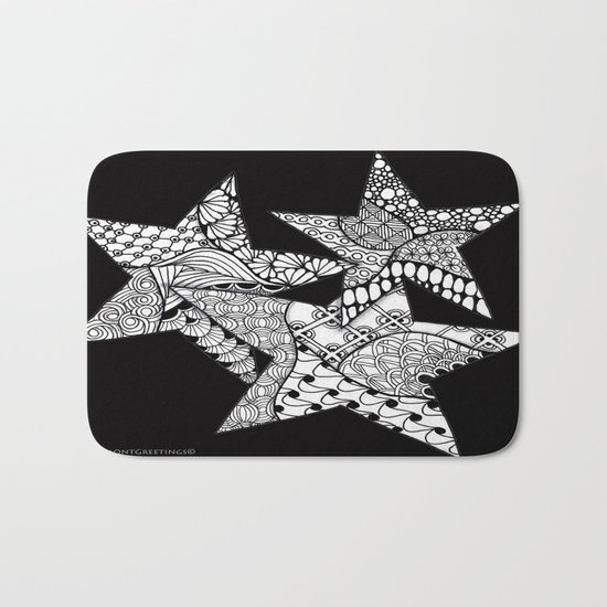 Midnight Zentangle Stars Black and White Illustration Bath Mat