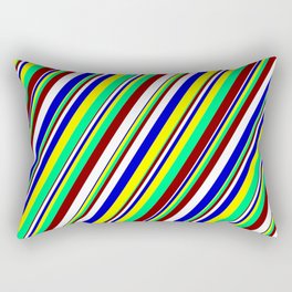 [ Thumbnail: Maroon, White, Blue, Yellow & Green Colored Striped Pattern Rectangular Pillow ]