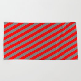 [ Thumbnail: Gray and Red Colored Lined/Striped Pattern Beach Towel ]