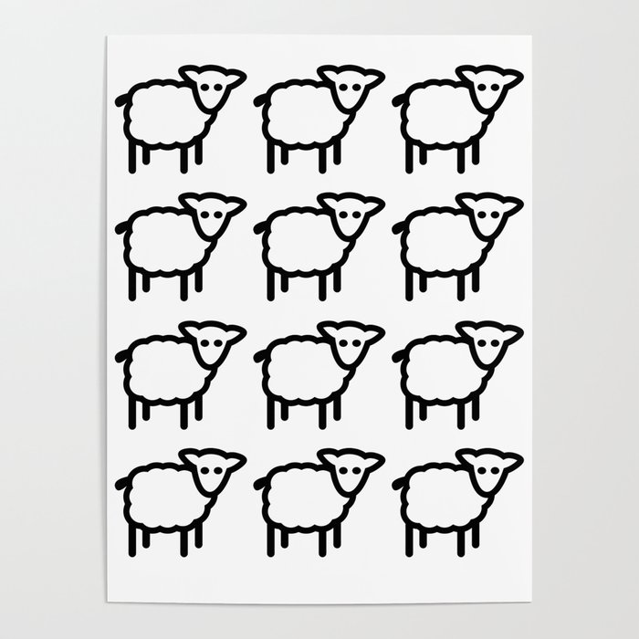 Cute Transparent Sheep Flock in Rows Monotone Light Poster