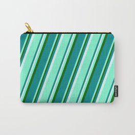 [ Thumbnail: Dark Green, Dark Cyan, Light Cyan, and Aquamarine Colored Lined Pattern Carry-All Pouch ]