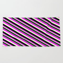 [ Thumbnail: Forest Green, Fuchsia, Beige, and Black Colored Lined/Striped Pattern Beach Towel ]