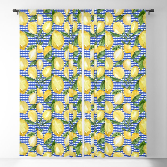 Sunny lemons on blue check pattern Blackout Curtain