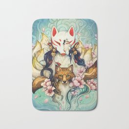 Kitsune Bath Mat | Japanesefolklore, Animalportrait, Shapeshifter, Demongirl, Sakurablossoms, Foxdemon, Kitsune, Fairytale, Digitalpainting, Mythicalcreature 
