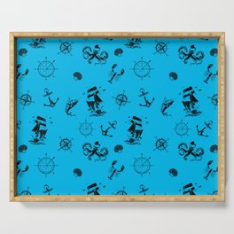 Turquoise And Black Silhouettes Of Vintage Nautical Pattern Serving Tray