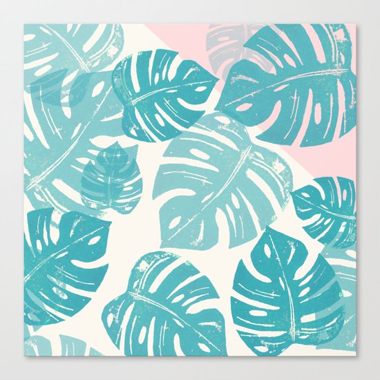 Linocut Monstera Rosy Canvas Print