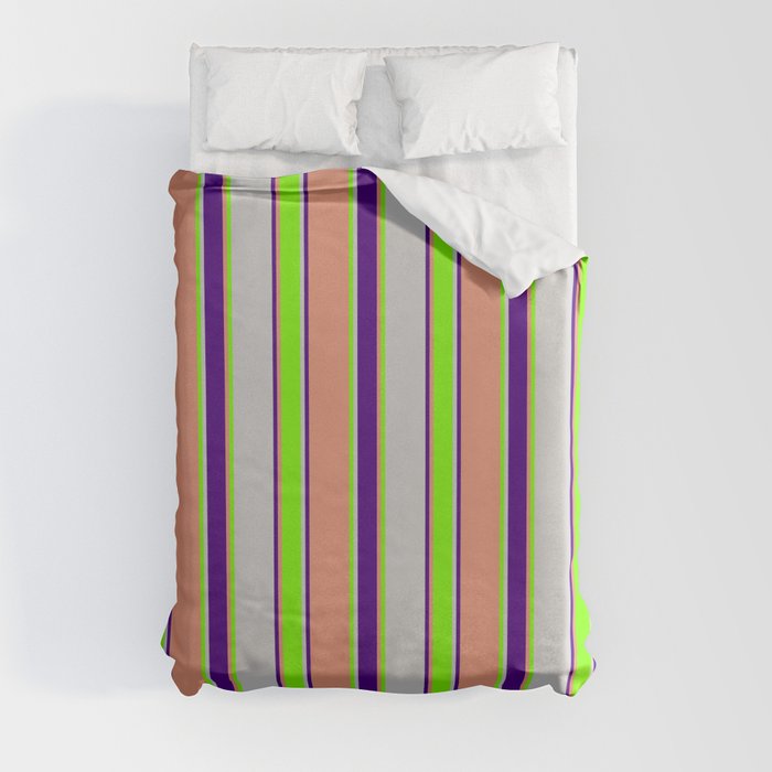 Light Grey, Chartreuse, Dark Salmon, and Indigo Colored Striped/Lined Pattern Duvet Cover