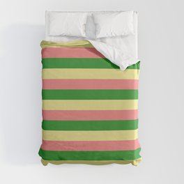 [ Thumbnail: Tan, Light Coral, and Forest Green Colored Lined Pattern Duvet Cover ]
