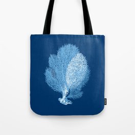 Fan Coral Sea Life Print, Indigo Blue and White Tote Bag