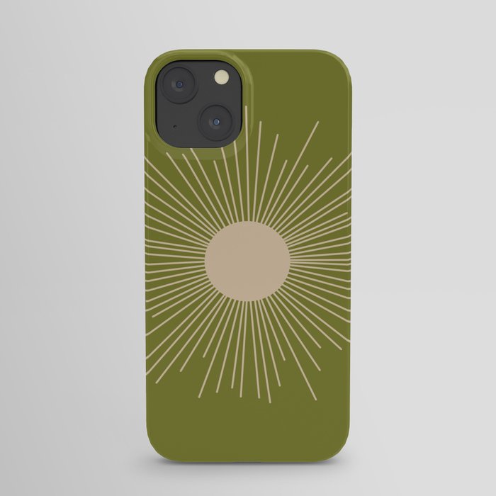 Mid-Century Modern Sunburst II - Minimalist Sun in Mid Mod Beige and Olive Green iPhone Case