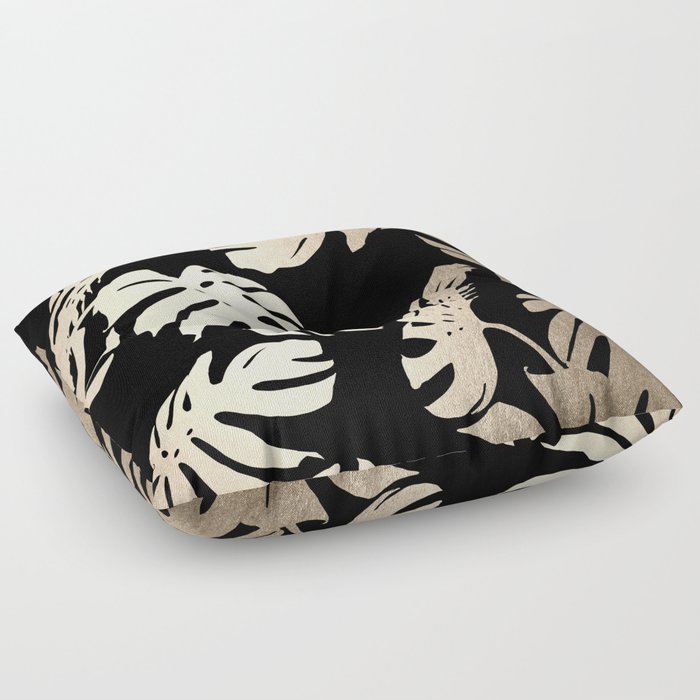 Simply Palm Leaves in White Gold Sands on Midnight Black Floor Pillow