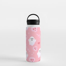 Ghost Cute Seamless Pattern in Pink Colours with Skulls, Hearts and Leaves Water Bottle